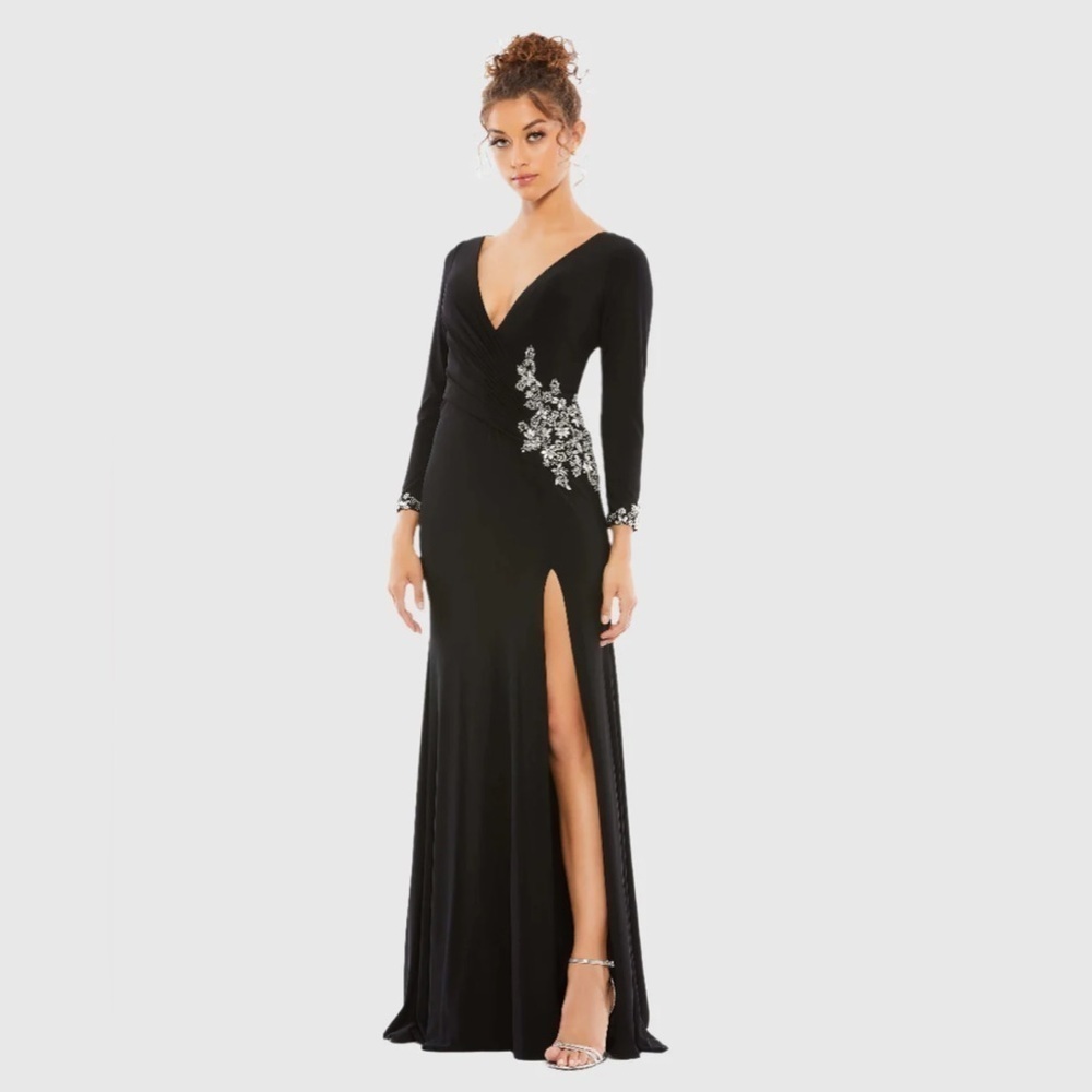 Mac Duggal 41016 NWT Floral Embellished Faux Wrap Jersey Gown